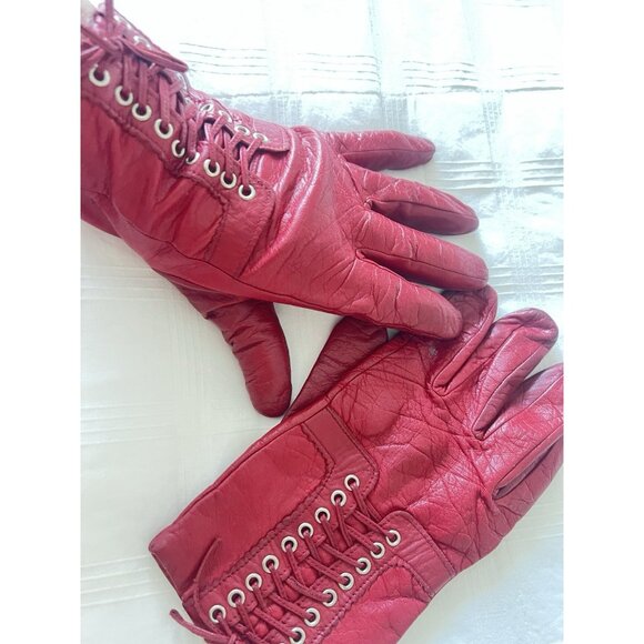 Red Leather Gloves Size XL Anne Klein Vintage Lace Up Retro Christmas Gift Woman - Picture 1 of 11